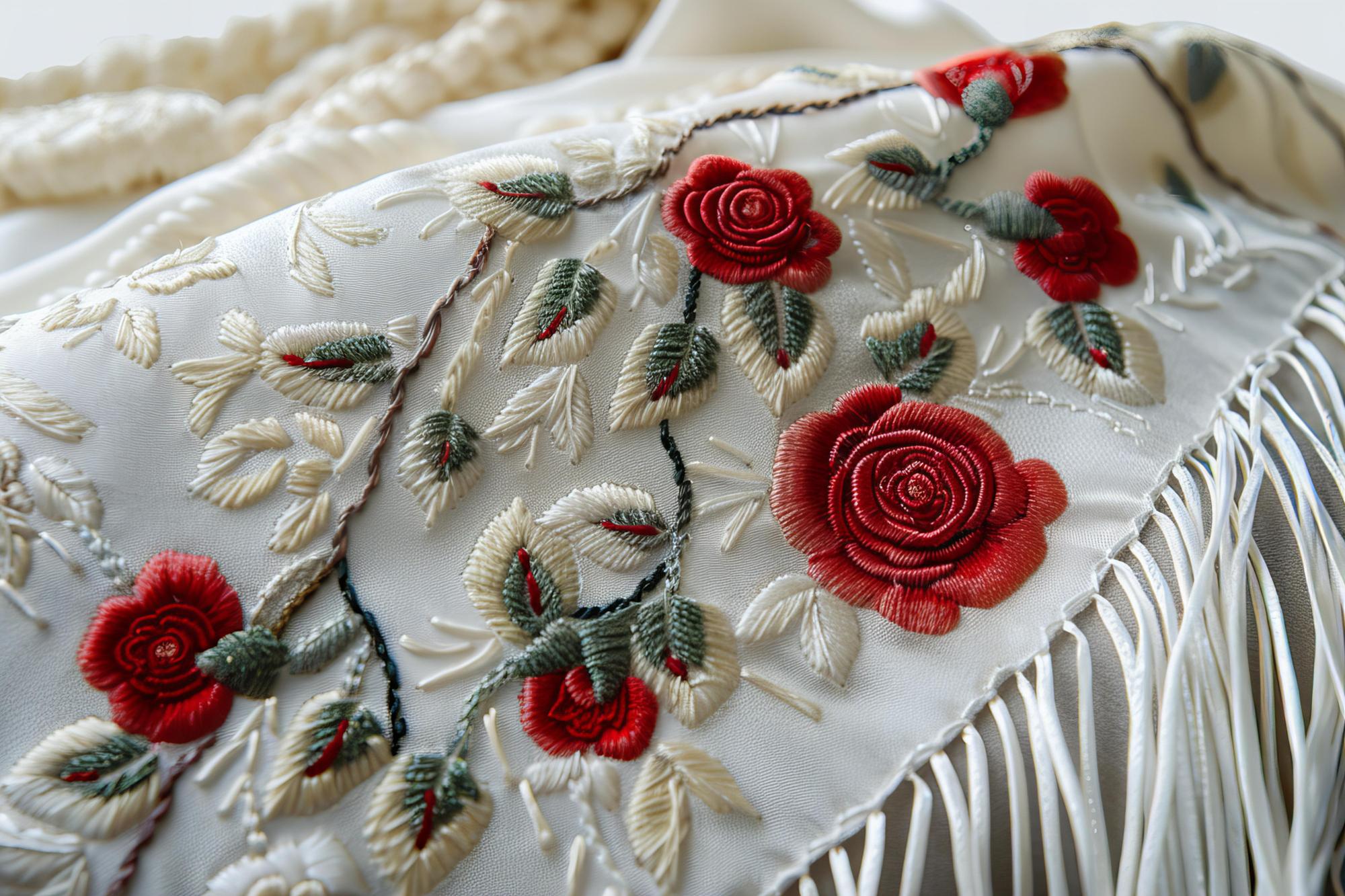 Embroidered cushion detail with floral motif