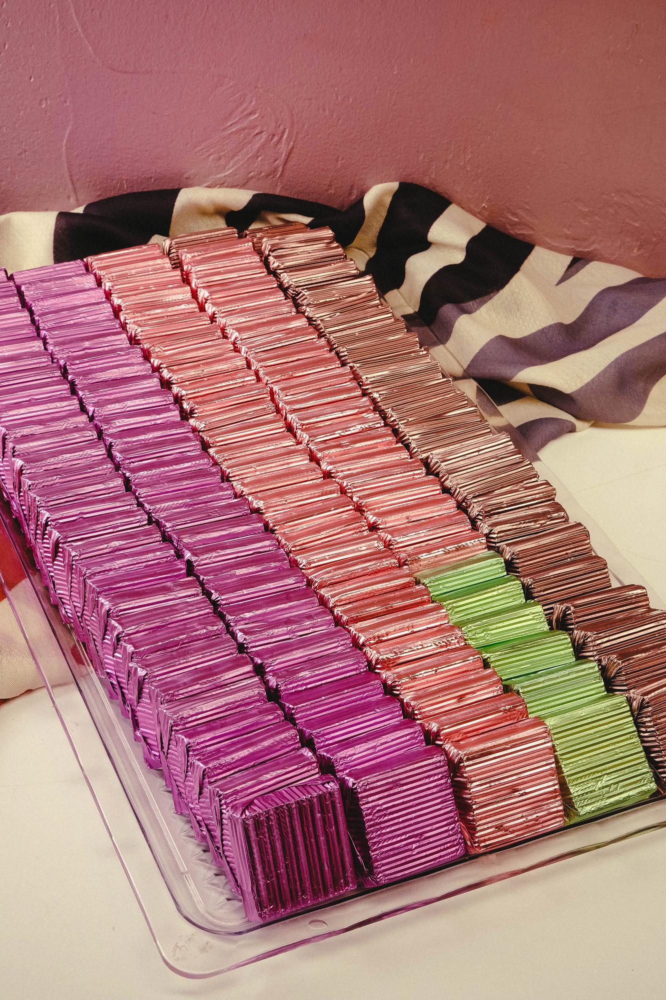 Stack of embroidered sample swatches